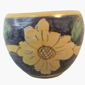 Italian Folk Pottery Pot Blue Yellow Flower Signed Hand Painted Ceramic Floral